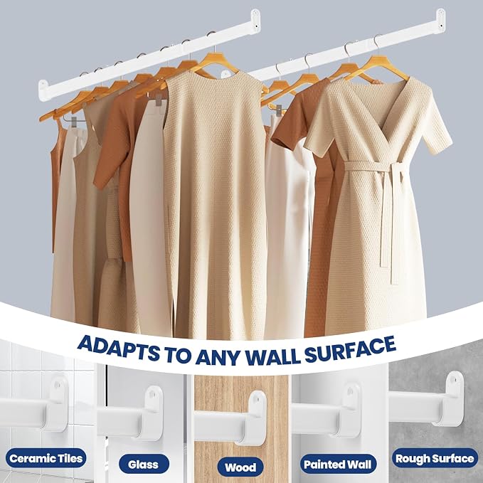 Mavivegue Oval Closet Rod, Adjustable Closet Rods – Expandable 17-40 Inches | Closet Rods for Hanging Clothes, Heavy Duty Closet Rods for Laundry Room, RV, Closet Storage (White)