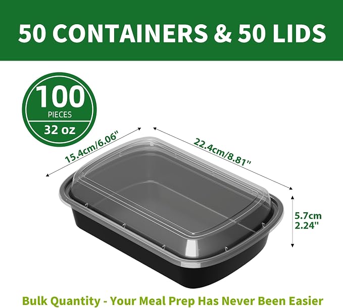 Meal Prep Containers, 50 Pack 32oz (100-Piece) Disposable Take Out Food Storage Containers with Leakproof Lids, Reusable Plastic To Go Lunch Boxes, BPA Free, Microwave/Dishwasher/Freezer Safe