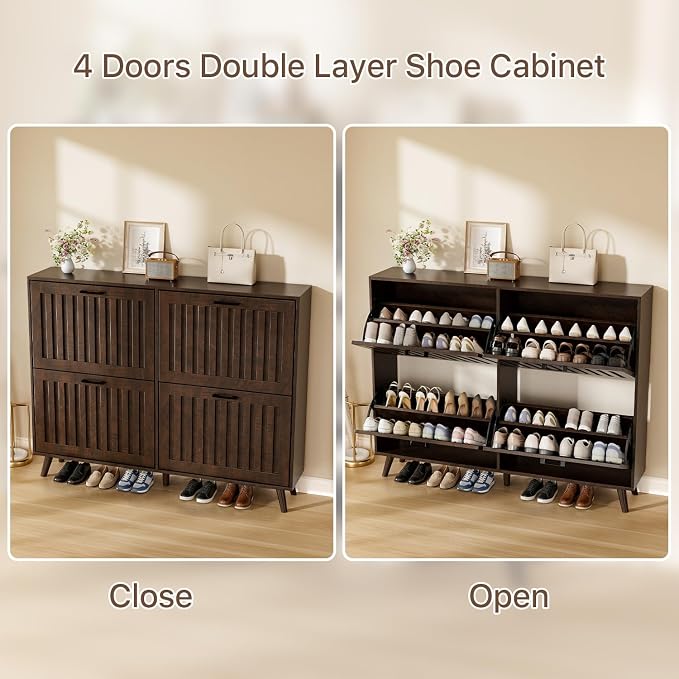 Shoe Storage Cabinet with 4 Flip Drawers, Modern Freestanding Organizer with Adjustable Shelf, Narrow Shoe Rack Cabinet for Entryway, Walnut