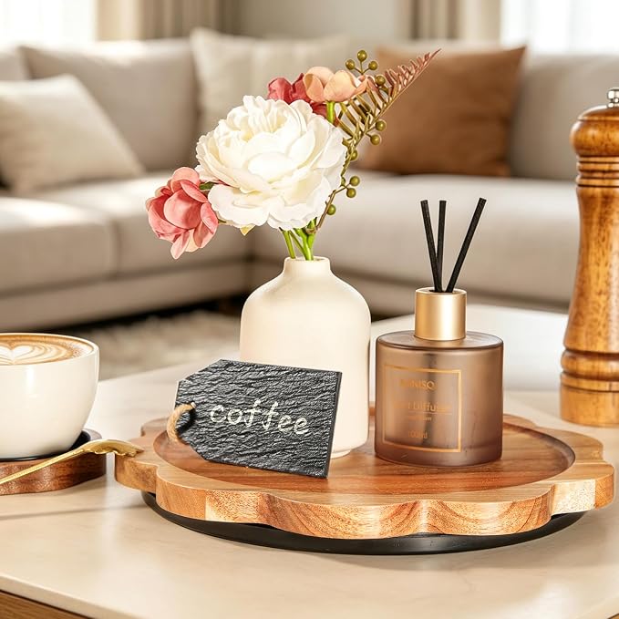 WLWNWFT Lazy Susan Turntable Organizer 10in, Acacia Wood Flower Shape Rotating Tray Cabinet Pantry Kitchen Countertop Refrigerator Cupboard Condiment Storage, Spice Rack, Pantry Organiser
