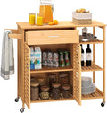 Bamboo Kitchen Island Cart, Rolling Butcher Block with Large Drawer, 2-Door Cabinet, 3-Tier Open Shelves, Towel Rack, Kitchen Carts on Wheels with Storage for Dining Room