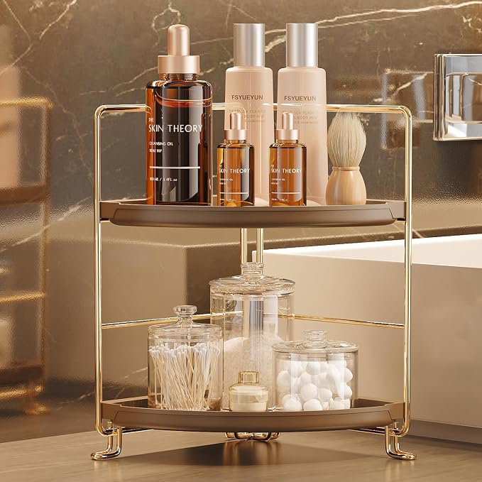 FSyueyun 2-Tier Corner Bathroom Counter Organizer (Gold & Brown) | Vanity Organizer and Storage for Countertop, Small Plastic Bathroom Trayp, Tool-Free Assembly Space Saving Corner Shelf
