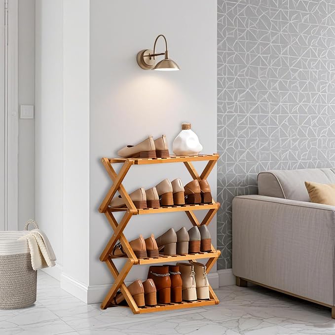 Jessie Bamboo Shoe Rack,Free Standing Shoe Rack for Closet,Portable Folding Shoe Storage Rack, Space Saving,Shoe Shelf for Bedroom Entryway Hallway Closet Living Room (Primary-6 Tier)