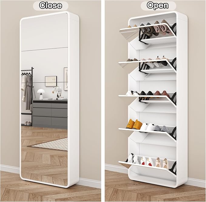 Mirror Shoe Storage Cabinet with 5 Flip Drawers, Freestanding Shoe Rack Cabinet, Narrow Hidden Shoe Organizer for Entryway, White | Real Glass Mirror | Fits Men's Size 15 | Entryway Organizer | Narrow Freestanding | Space-Saving | White
