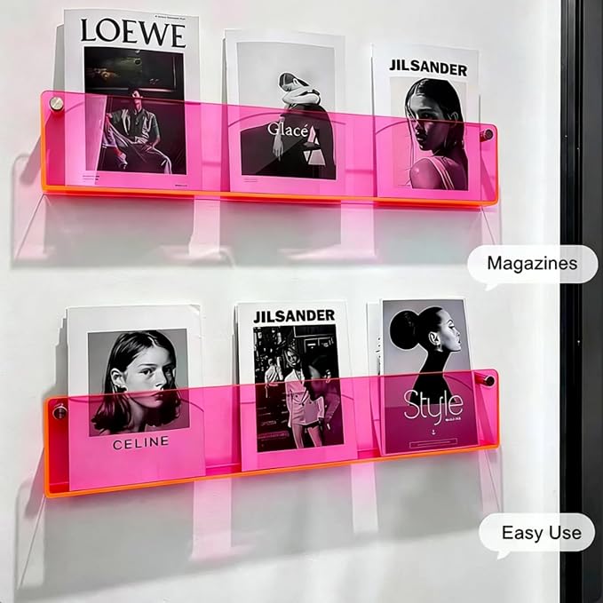 ROYALITA 2-Pack Acrylic Magazine Holder Brochure Holder, Pink 36 Inch | Record Magazine Rack, Fashion Floating Bookshelf, Literature Storage Rack for Waiting Room, Living Room, Office