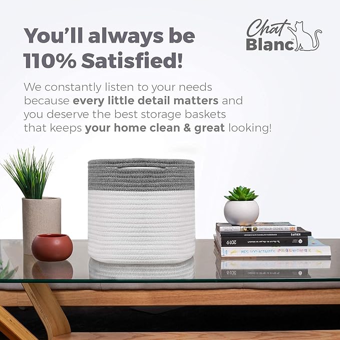 CHAT BLANC Cotton Rope Baskets for Organizing, Shelves, Toys, Storage, Shoe, Bathroom, Laundry, Towel, Nursery, Home Decor, Blanket, Cloth Woven Bins Fabric (Dark Gray & Creamy White7, 15"x10"x9")