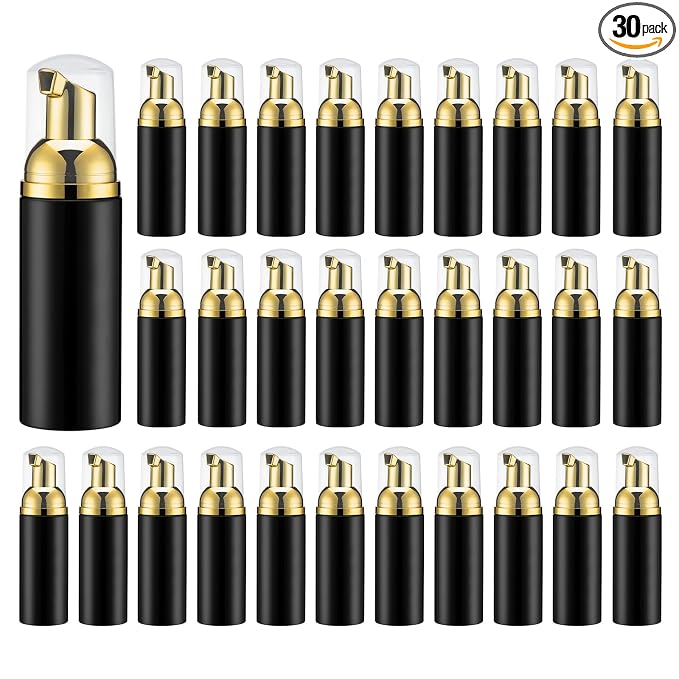 Travel Foam Pump Bottle - 2oz Small Size Foaming Hand Soap Dispenser - Mini Portable Mousse Lash Shampoo Kit Container for Hair - Empty Leak Proof Plastic Gold&Black Foamer 30Pack