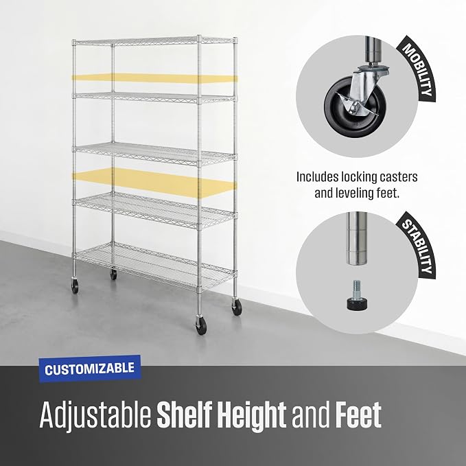 SafeRacks NSF 5-Tier Heavy Duty Wire Shelving Unit w/Wheels, 18"x48"x72"