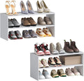 2 Pack Expandable White Shoe Rack Organizer for Closet, 2-Tier Stackable Shoe Storage Shelf, Small Iron Wood Combination Shoe Shelves for Closets,Entryway,Front Door, Narrow Space,Hallway,15-24 Pairs