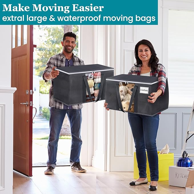 HomeHacks 4 Pack Extra Large Moving Bags with Visual PVC Window & Zippers, Storage Totes with Reinforced Handles, Heavy Duty Storage Bags for Packing, Moving, Storage (125L,Grey)