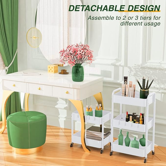 LEHOM 3 Tier Rolling Cart, Metal Rolling Utility Cart with Lockable Wheels & Hooks, Multi-Functional Heavy Duty Storage Cart Organizer for Bathroom, Kitchen, Office, Living Room