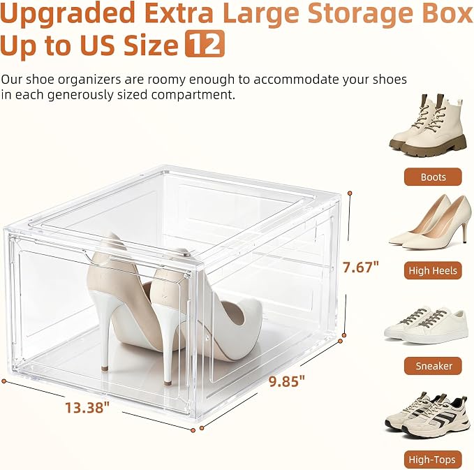 KEFA XL Shoe Storage Box Organizer, 12 Pack Shoe Boxes Clear Plastic Stackable, Sneaker Display Case Container Fit for US 12