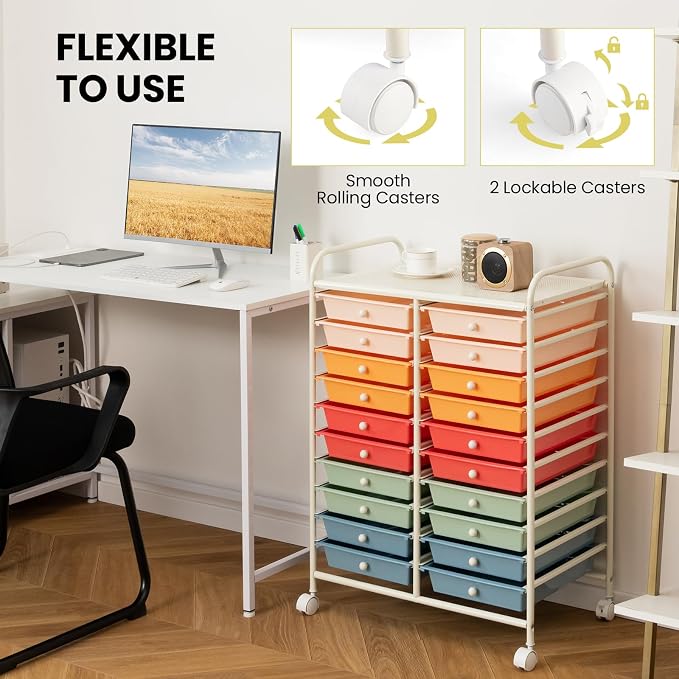 DREAMADE Rolling Cart With Storage Drawers, Utility Cart With Removable Plastic Drawers, Lockable Wheels for Classroom Organization, Art Supplies, Office, Scrapbook (20 Drawers, Macaron)