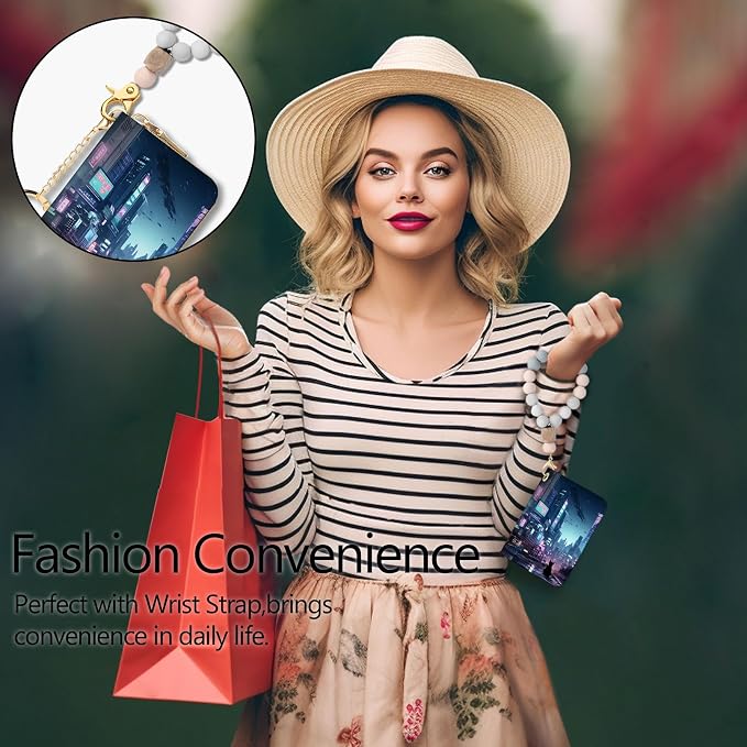 Blusabaca RFID Credit Card Holder Small Women Travel Wallet, Cyberpunk Art | Removable Keychain, Case with Zipper, Vegan PU Leather, Cash Coin Pocket, Business Accordion Purse, Ladies Female Gift