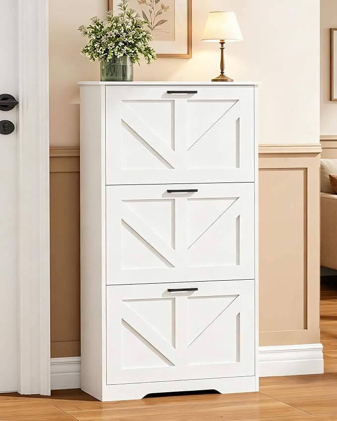 Homleke Farmhouse Shoe Cabinet for Entryway with 3 Barn-Style Flip Drawers, Narrow Shoe Storage Organizer with Top Display Shelf, Adjustable Shelves, Shoe Rack for Hallway, Closet- (White, 24" Wide)