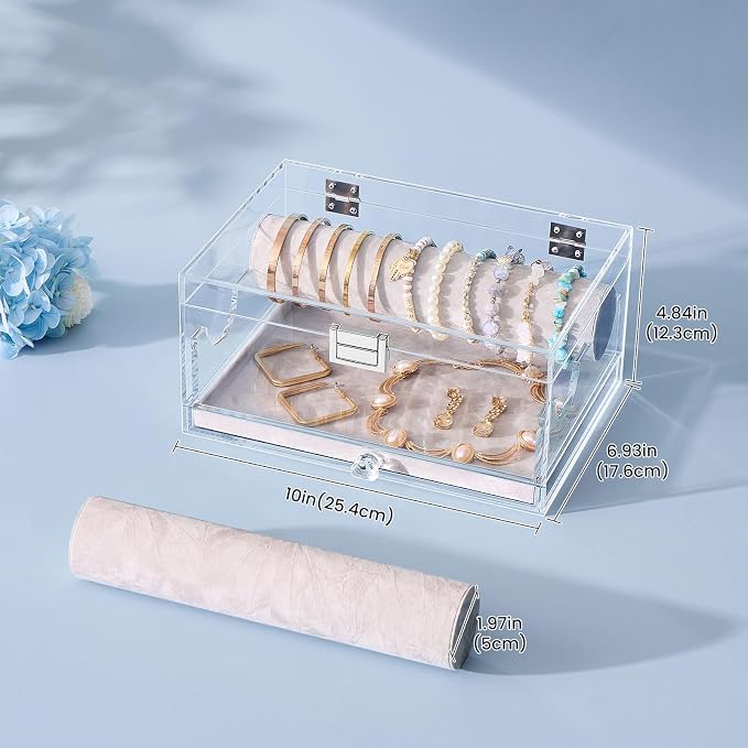 Lolalet Acrylic Bracelet Organizer Box -with Drawer | Clear Jewelry Display Holder for Bracelets, Bangles & Watches, Great Gift for Women on Birthdays, Valentine's Day