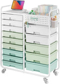 Rolling Storage Cart with 14 Drawers, Storage Organizer Cart with Tabletop and Pegboard,Utility Cart for Living Room, Classroom, Bedroom,Bathroom,Dorm,Office (Green)