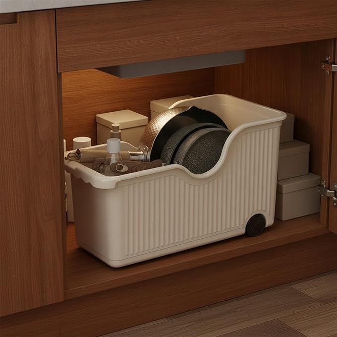Pull-Out Storage Basket with Wheels, White PP Plastic Sliding Bin for Under Sink Cabinet Organization, Kitchen Pantry and Bathroom (1 PC)
