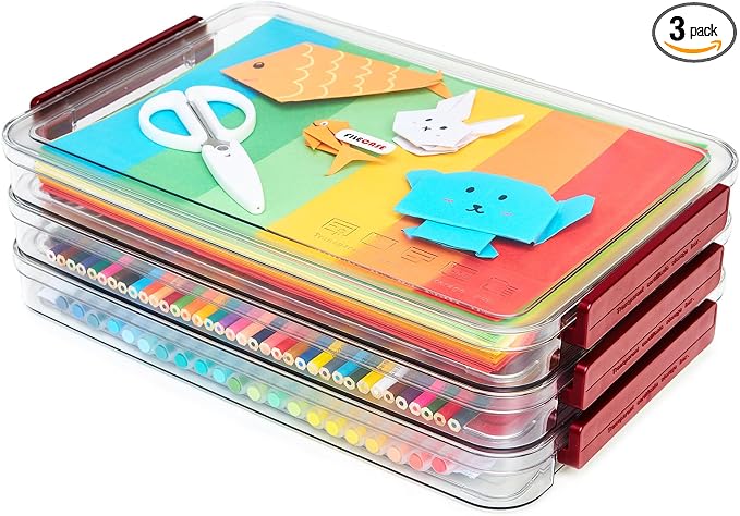 CATOOMUU 3-Pack 9x13 Shallow Flat Clear Plastic Project Case Storage Box | Stackable portable file boxes, organizer container for letter A4 paper, photos, documents, scrapbook, craft, art supplies