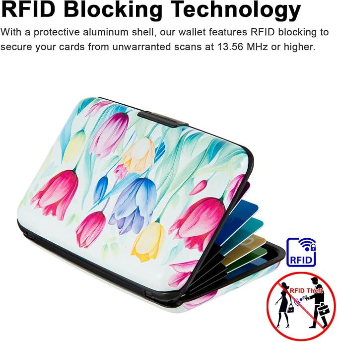 Credit Card Holder for Women Men RFID Blocking Wallet Small Business Metal Slim Mini Aluminum Hard Case (Watercolor Tulips)