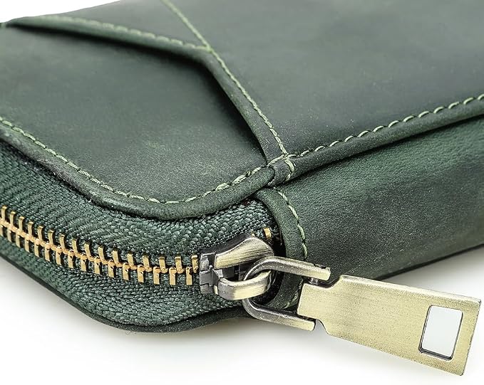 CONTACTS Full Grain Leather Pencil Case Handmade Vintage Zipper Pen Holder Pouch with Card Slot Pens Organizer Pockets Stationery Bag for Men and Women (Dark Green)