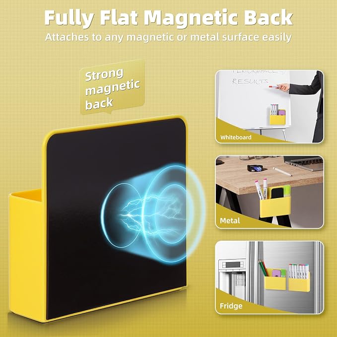 Mabrasse 2p Magnetic Dry Erase Marker Holder,Pen and Eraser Holder for Whiteboard, Magnet Pencil Cup Utility Storage Organizer for Office, Refrigerator, Locker and Metal Cabinets (Yellow)