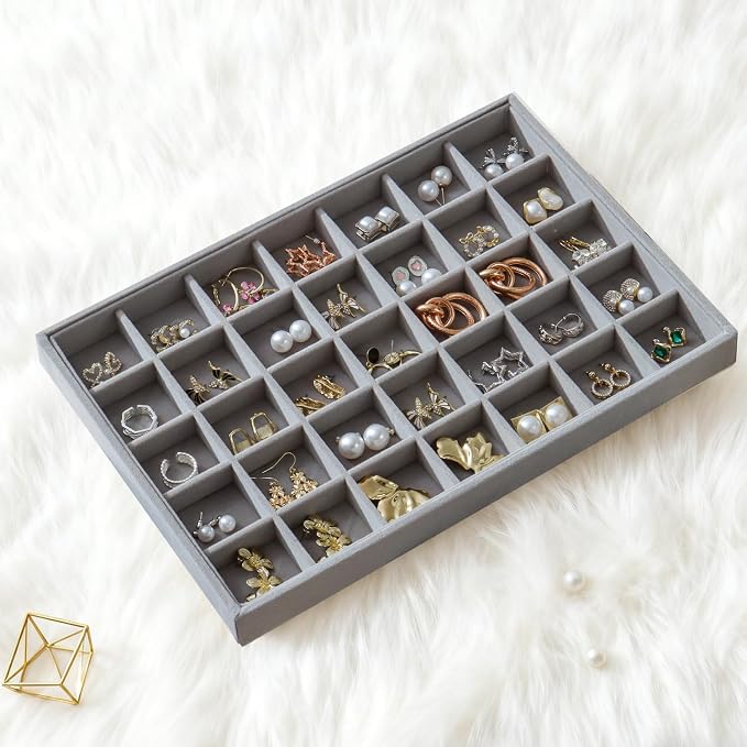 Large Jewelry Organizer for Drawer Insert Velvet Stackable Jewelry Trays for Earring Necklace Bracelet Ring Display (Gray, 35 Grids)
