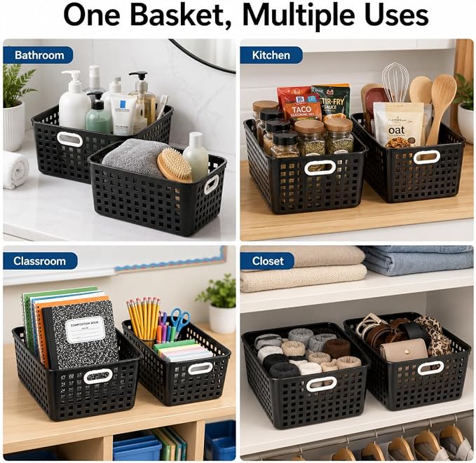 6 Pack Plastic Classroom Storage Baskets, Organizer Bins with Handle | Black Color 11" × 7.1" × 4.6" Medium Papers Book Storage Organizer for School Classroom Library Office Home Desktop Bookshelf