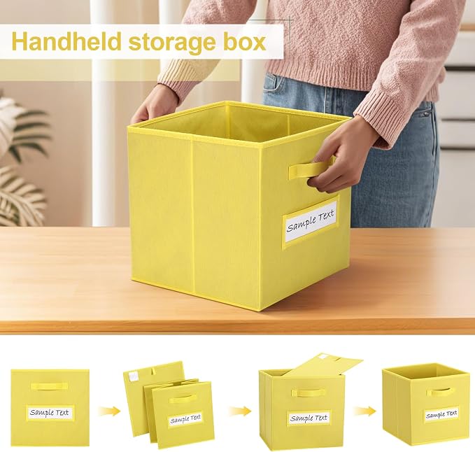 Fabric storage cubes (8 Pack) 11 Inch Cube Storage Bin, cube organizer bins with 8 Labels Window Cards & a Pen, Foldable cube organizer bins and Storage Box, Dark Yellow