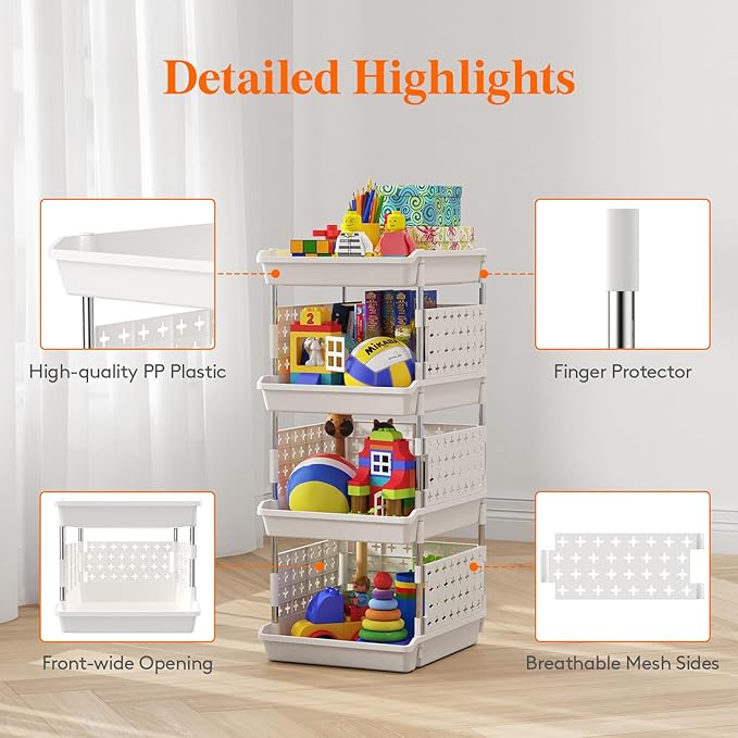 Lifewit Plastic Stackable Storage Baskets, 4 Tier Stacking Bins for Food and Clothes, Multifunctional Organizer for RV, Kitchen, Playroom, Pantry, White, 35 x 30 x 72 cm/14 x 12 x 28 inch, 2 Pack