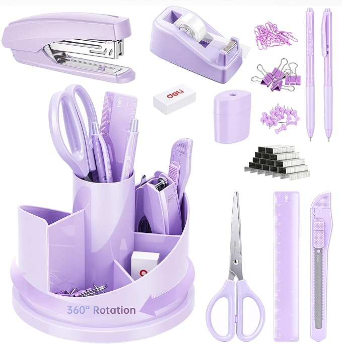 deli Office Supplies Set, Purple Desk Accessory Organizer Kit, Stapler Set, Rotating Multi-Functional Pen Holder, Tape Dispenser, Pens, Binder Clips, Sharpener, Scissor, Eraser, Purple Office Supplies