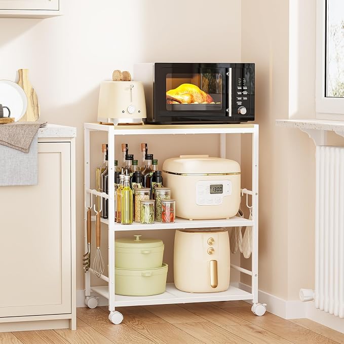 3-Tier Microwave Stand, Kitchen Microwave Cart with Adjustable Shelf | Rolling Kitchen Storage Cart on Lockable Wheels, Coffee Cart Shelf Rack Organizer for Kitchen, Living Room, Balcony, White