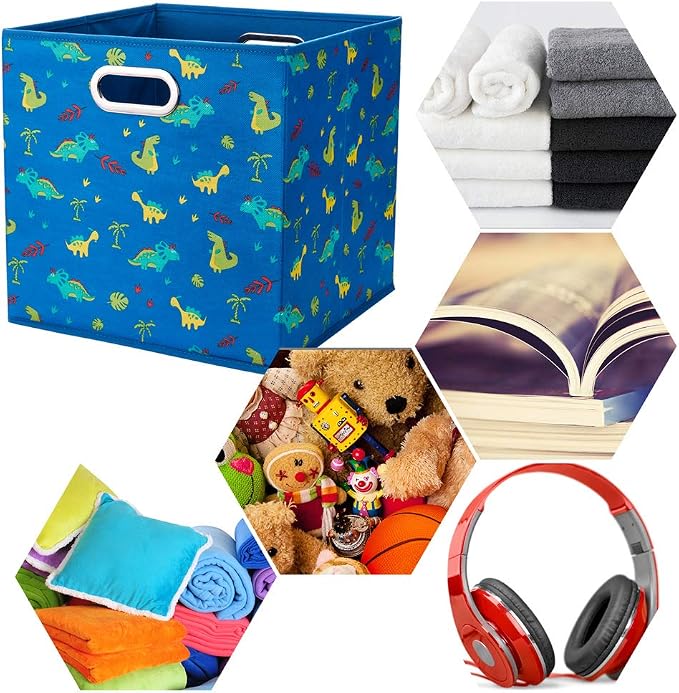 6 Cube Storage Bins Blue 10.5x10.5x11 Inch Foldable Dinosaur Coastal Print Fabric Half Storage Basketes for Home Organizers Storage Drawer,QY-SC13-6