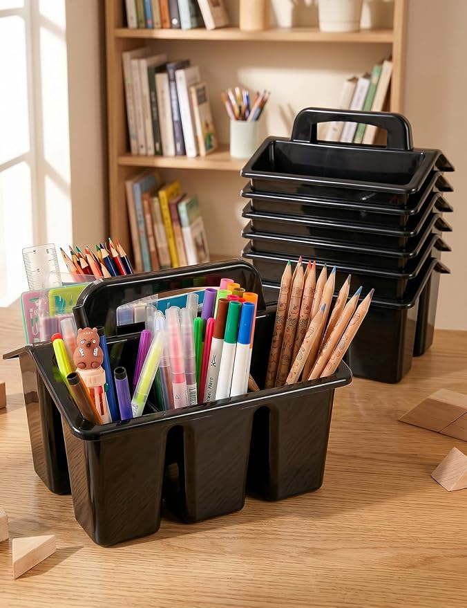 6 Pack Classroom Caddy Organizer with Handle, Table Caddy Classroom | 4 Compartments, 9×6.3×6.7 inches, Thick Durable PP Plastic, Built-in Handle, Stackable Design, for Classroom Desk Office Home