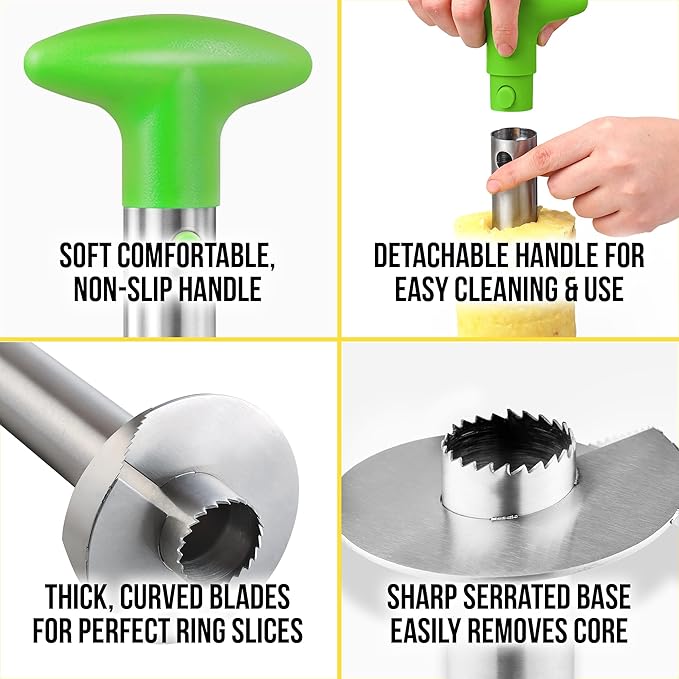 Zulay Kitchen Stainless Steel Pineapple Corer & Slicer – Heavy Duty Pineapple Cutter & Eye Removal Tool – Effortless Core Remover Tool with Sharp Reinforced Blade & Ergonomic Handle - Lime Green