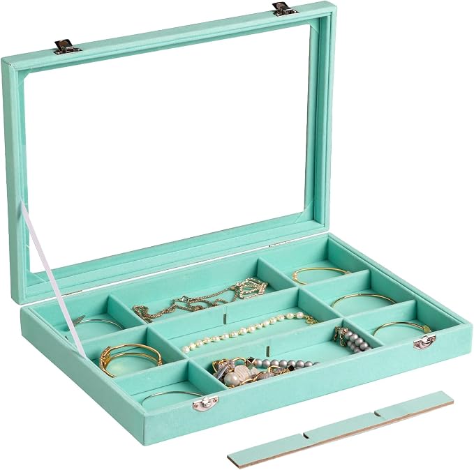 Frebeauty 12 Grid Bracelet Holder Box,Velvet Jewelry Tray with Clear Lid | Real Glass Lid,Bracelet Display,Jewelry Organizer for Bangle Brooch,Adjustable Divider,Dustproof Design,13.8×9.5Inches