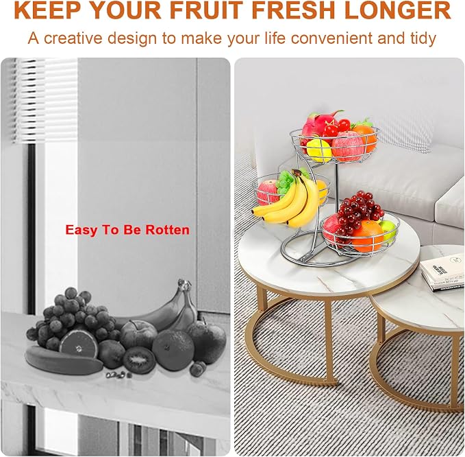 Livabber Fruit Basket Bowl with Banana Hanger, Fruit Vegetable Storage Basket with Banana Tree Holder for Kitchen Counter, Detachable Organizer for Bread Snack Produce (Chrome, 3-Tier Metal Base)