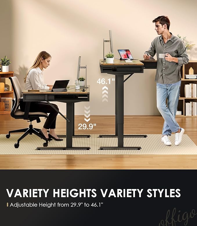 OffiGo 55 Inch L Shaped Electric Standing Desk with 4 Drawers, Rustic Brown | Reversible Corner Table, Office Desk With 4 Drawers and Outlets For Home Office, Computer Workstation And Sit Stand Use