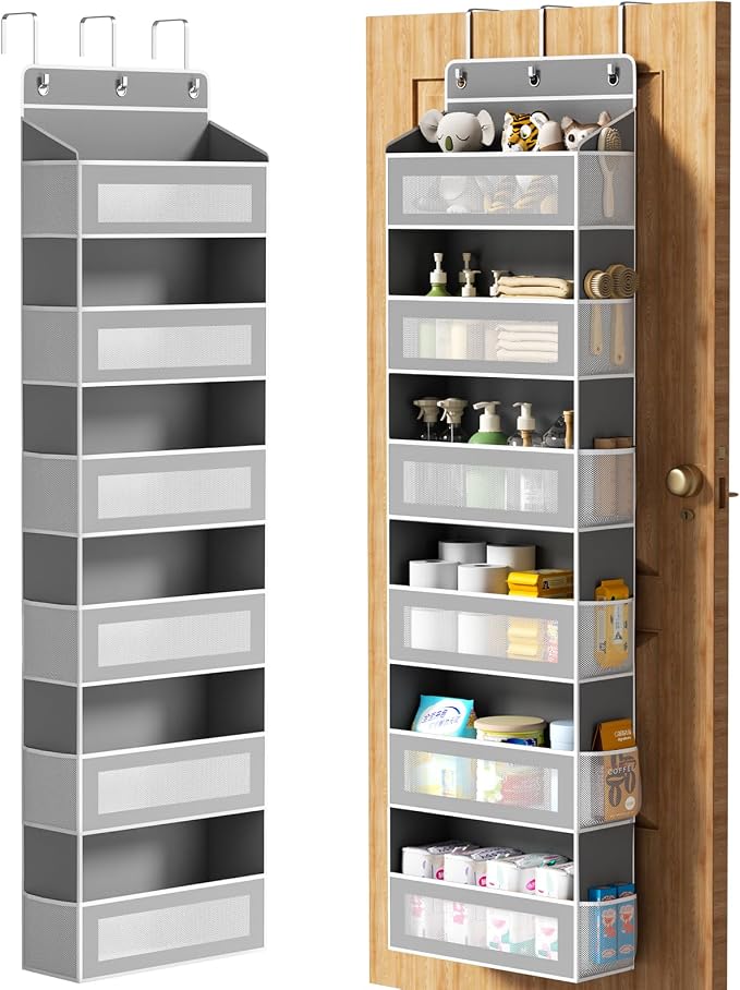 6-Tier Over The Door Organizer with Large Pocket, Over the Door Storage 12 Side Pockets, Hanging Door Organzier 44 lb Load Behind Door Storage Hanging Shelf for Closet Wall Bathroom Nursery, Grey