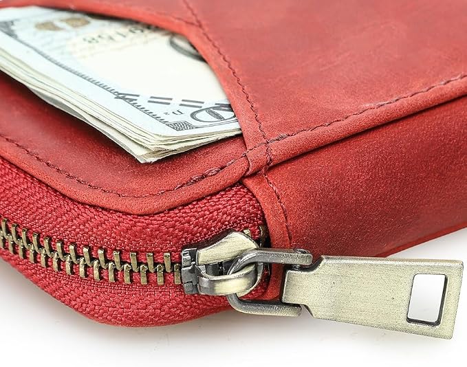 CONTACTS Full Grain Leather Pencil Case for Women Handmade Vintage Zipper Pen Holder Pouch with Card Slot Pens Organizer Pockets Stationery Bag (Red)