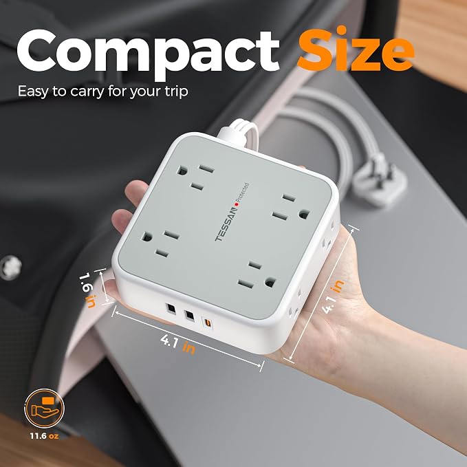 TESSAN Surge Protector Power Strip, 5 Ft Flat Plug Extension Cord with 3 USB (1 USB C 20W PD) 8 Outlets, 900J Protection, 3 Sided Outlet Extender with Power Switch for Office, Dorm Room, Grey
