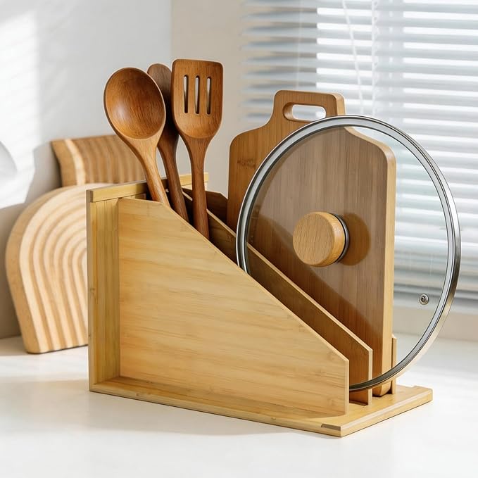 Tray Dividers for Kitchen Cabinets (14"H x 21.3"D) - Bamboo Cabinet Organizer with 3 Dividers for Cookie Sheets, Baking Pans, Cutting Boards & Pot Lids - Fits 15" Base Cabinet