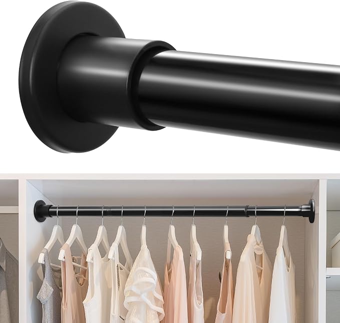 Closet Rods for Hanging Clothes, 18-78 Inch Stepless Adjustable Closet Rod, Heavy Duty Metal Closet Hanging Rod with Closed-Ring Brackets, Multi-Use Clothes Bar for Wardrobe Laundry Room RV, Black