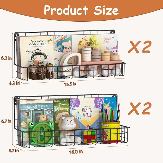 X-cosrack 4-Pack Wall Mounted Metal Kids Bookshelf, Floating Book Shelves for Kids Nursery Toddler Classroom, Hanging Book Shelf Organizer for Room Decor, Black