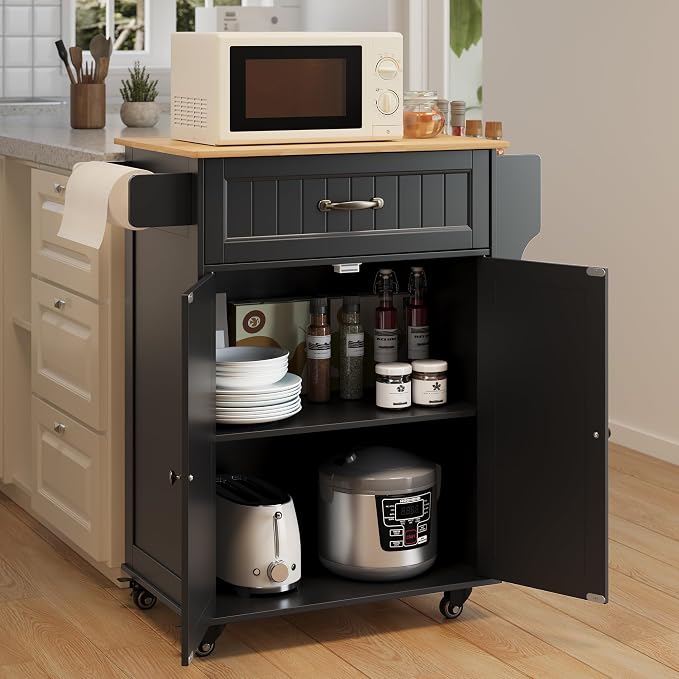 Gizoon 33" W Kitchen Island Cart with Rubberwood Top | Rolling Cart on Wheels with Adjustable Shelf, Drawer, Spice Rack, Towel Bar, Mobile Storage Cabinet for Dining Room, Black