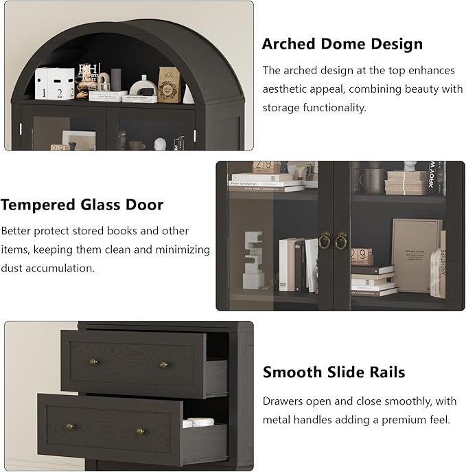 71" Tall Arched Bookshelf, 6-Tier Bookcase with Glass Doors & Adjustable Shelves, Wood Display Book Shelf with Drawers for Living Room, Dining Room, Black
