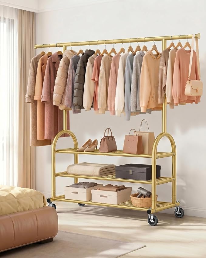 EAGMAK Heavy Duty Clothes Rack for Hanging Clothes Load 688 LBS, Height Adjustable Rolling Clothing Racks, Portable Metal Coat Rack Garment Wardrobe with Wheels and 3 Shelves for Bedroom, Gold