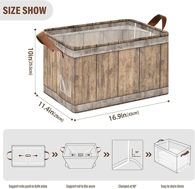 Rust Light Brown Wood Grain Storage Basket Foldable Cube Storage Bins with Handles&Label Collapsible Organizer Box Bin Large Rectangle Decorative Baskets for Shelves Home Living Room Closet, 2 Pack