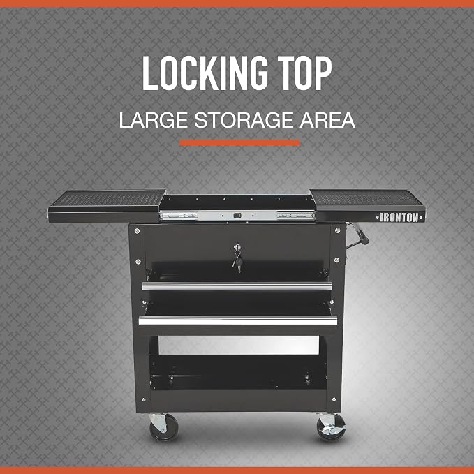 Ironton 28in. 2-Drawer Rolling Tool Cart, 350-Lb., Locking Drawers | Heavy-duty steel frame, open lower tray, quick-access tool organization, garage/workshop/warehouse use, easy maneuvering