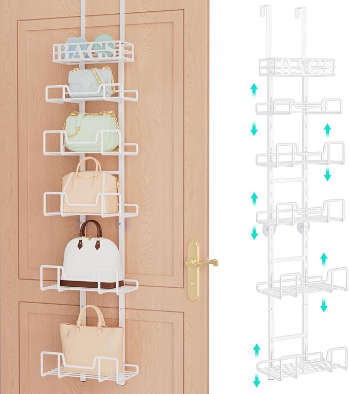 HapiRm Over Door Purse Organizer - Adjustable Purse Storage Rack with Bags Design Metal Basket, Wall Mounted Handbag Organizer, Hanging Handbag Holder, Can Use As 1/2 Part Detachable, White